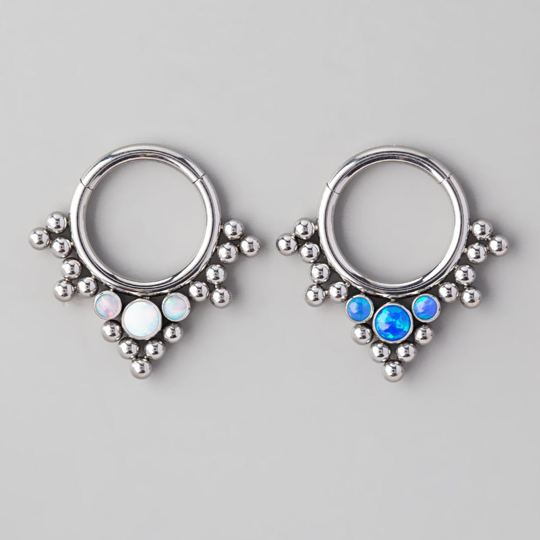 Hinged Segment Ring 5 Tri-Bead Cluster Triple Blue Opal Stone - Titanium - Camden Body Jewellery