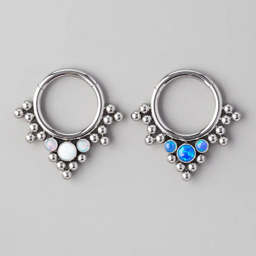 Hinged Segment Ring 5 Tri-Bead Cluster Triple Blue Opal Stone - Titanium - Camden Body Jewellery