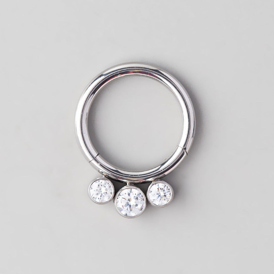 Hinged Segment Ring Triple CZ Jewelled - Titanium - Camden Body Jewellery