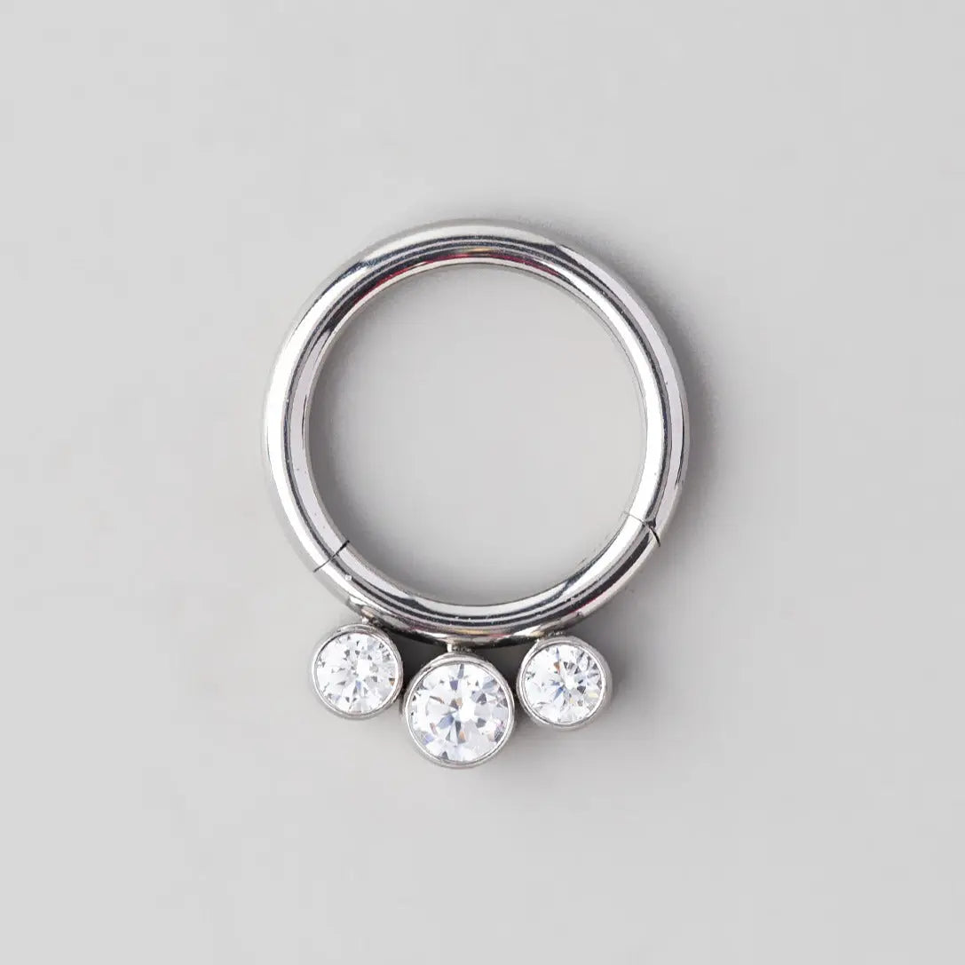 Hinged Segment Ring Triple CZ Jewelled - Titanium - Camden Body Jewellery