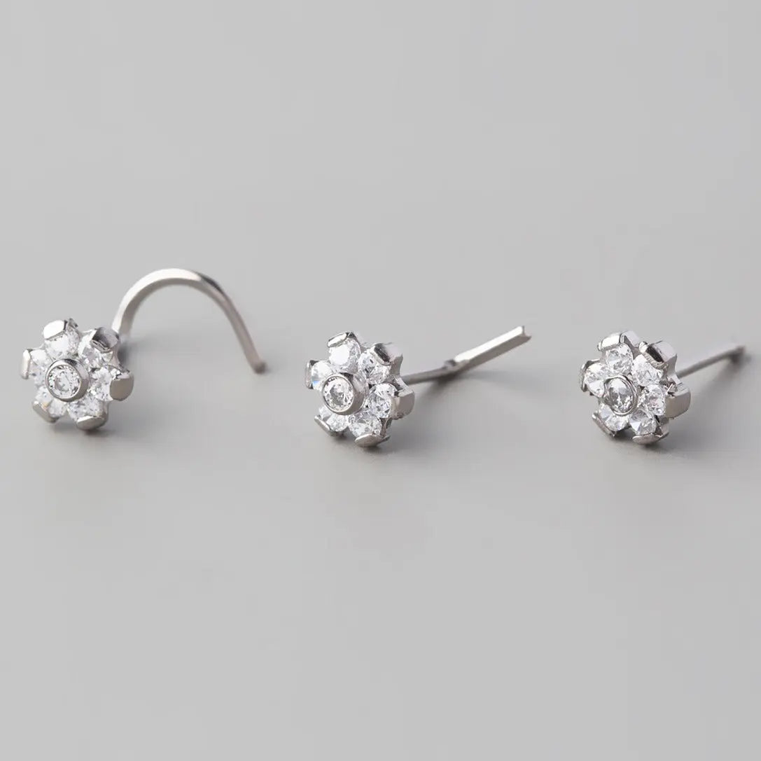 L-Shape Nose Stud Six Flower CZ - Titanium - Camden Body Jewellery