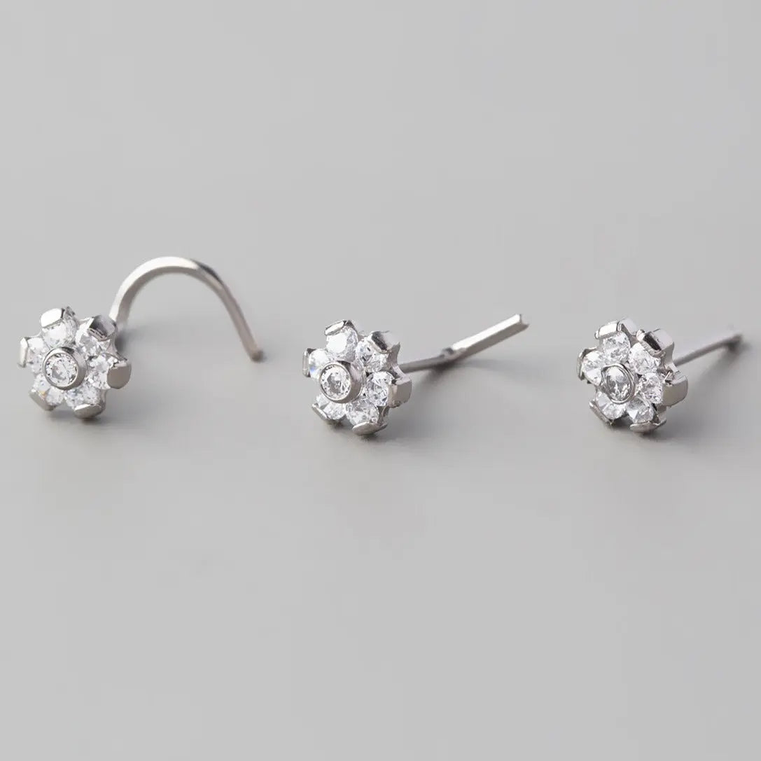 Screw Shape Nose Stud Six Flower CZ - Titanium - Camden Body Jewellery