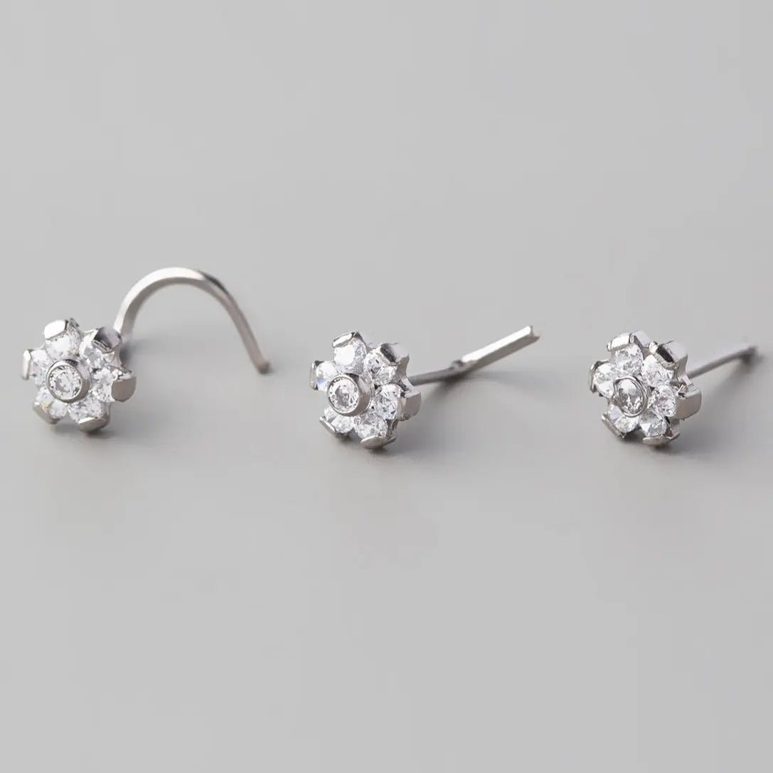 Straight Nose Stud Six Flower CZ - Titanium - Camden Body Jewellery