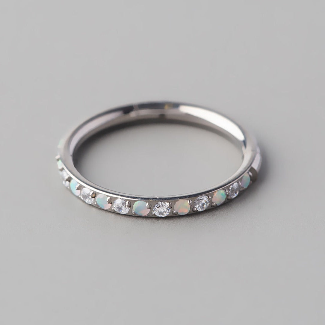 Hinged Segment Ring White Opal & Clear CZ Side Face in Silver - Titanium - Camden Body Jewellery