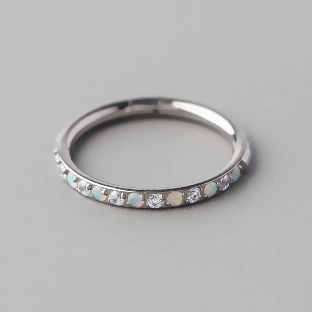 Hinged Segment Ring White Opal & Clear CZ Side Face in Silver - Titanium