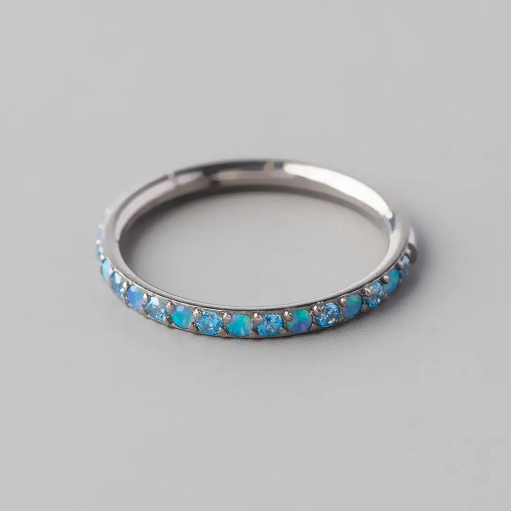 Hinged Segment Ring Blue Opal & Aqua CZ Side Face in Silver - Titanium