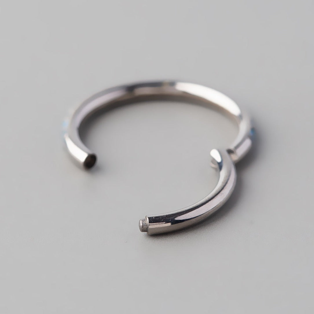 Hinged Segment Ring Blue Opal & Aqua CZ Side Face in Silver - Titanium - Camden Body Jewellery