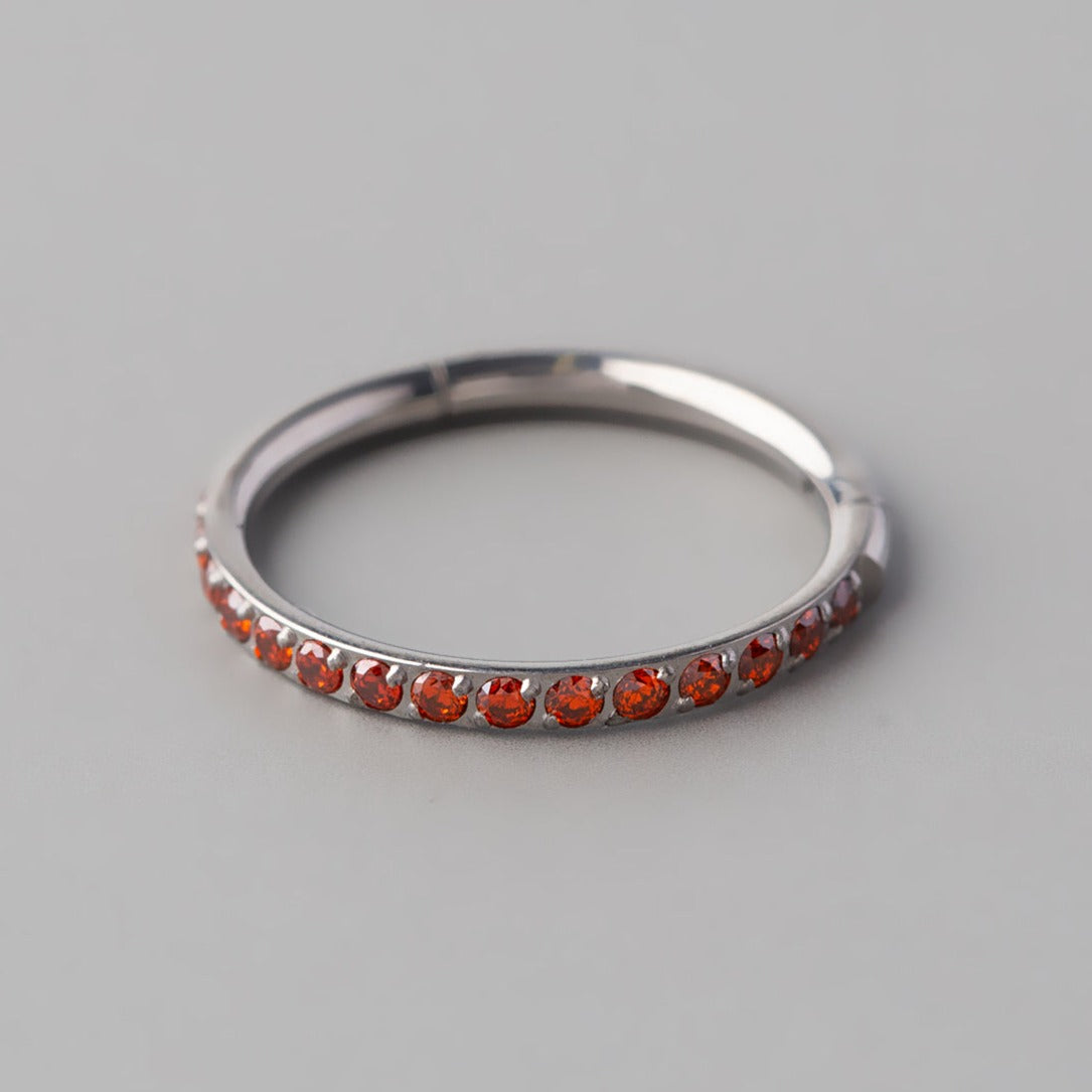 Hinged Segment Ring Red CZ Side Face in Silver - Titanium - Camden Body Jewellery