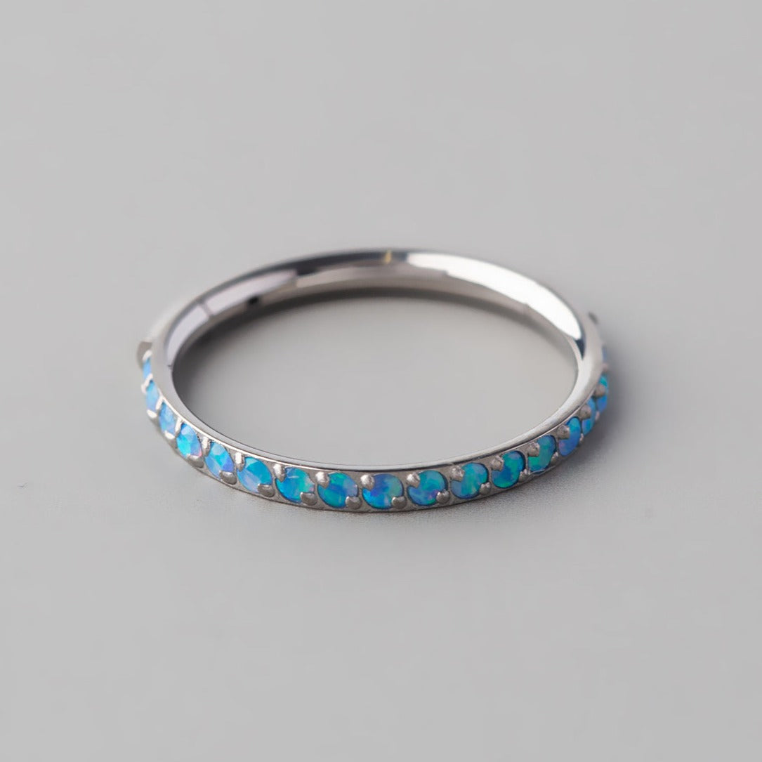 Hinged Segment Ring Blue Opal Side Stoned Paved Face in Silver - Titanium - Camden Body Jewellery