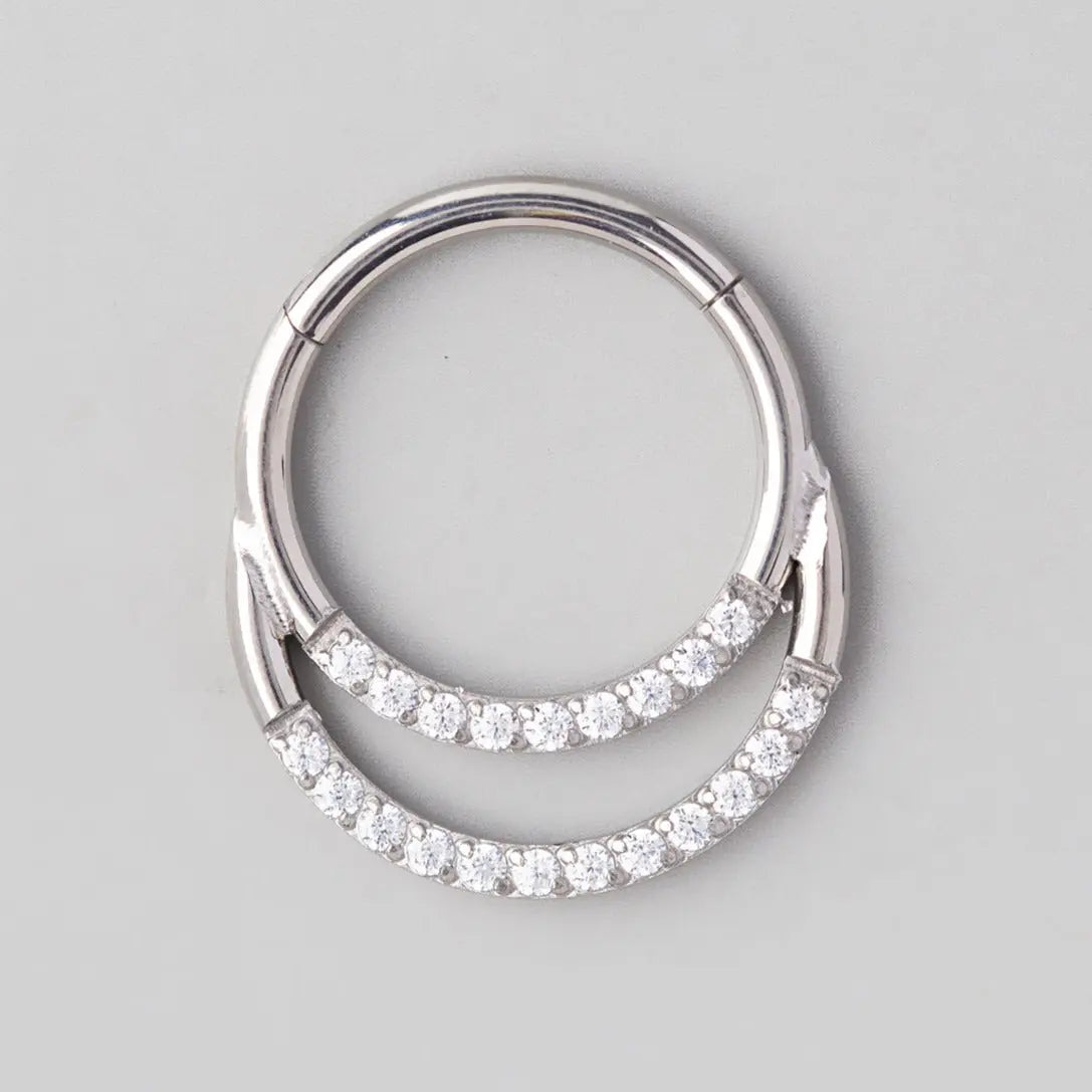 Hinged Segment Ring & Half Hoop Front CZ Face in Silver  - Titanium - Camden Body Jewellery