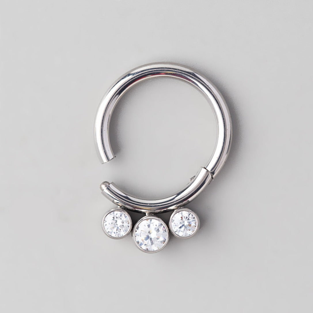 Hinged Segment Ring Triple CZ Jewelled - Titanium - Camden Body Jewellery