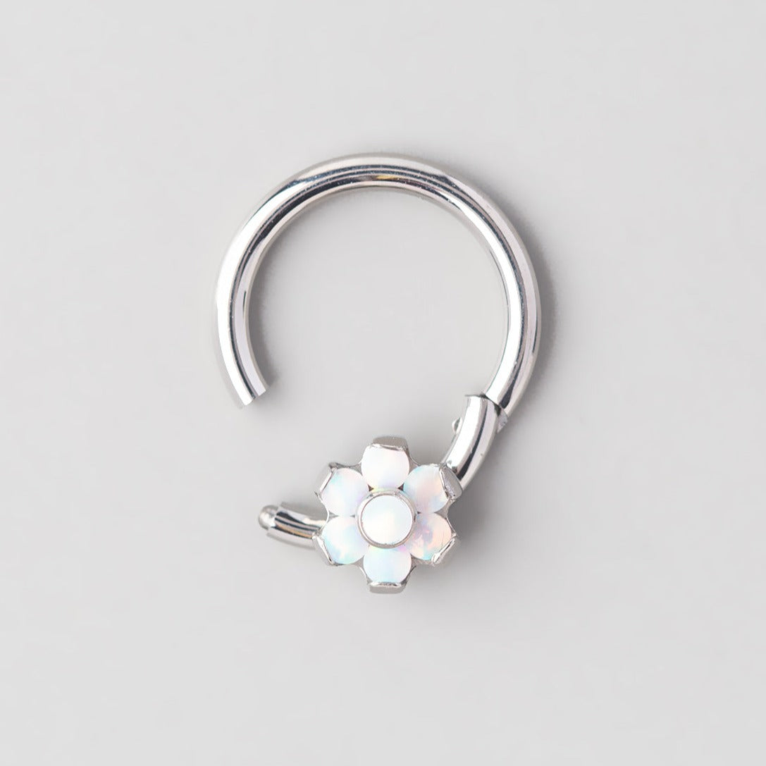 Hinged Segment Ring 6 CZ Flower in White Opal  - Titanium - Camden Body Jewellery