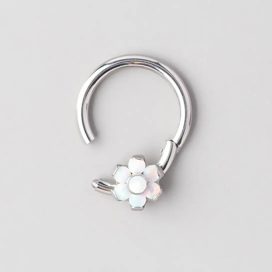 Hinged Segment Ring 6 CZ Flower in White Opal  - Titanium - Camden Body Jewellery