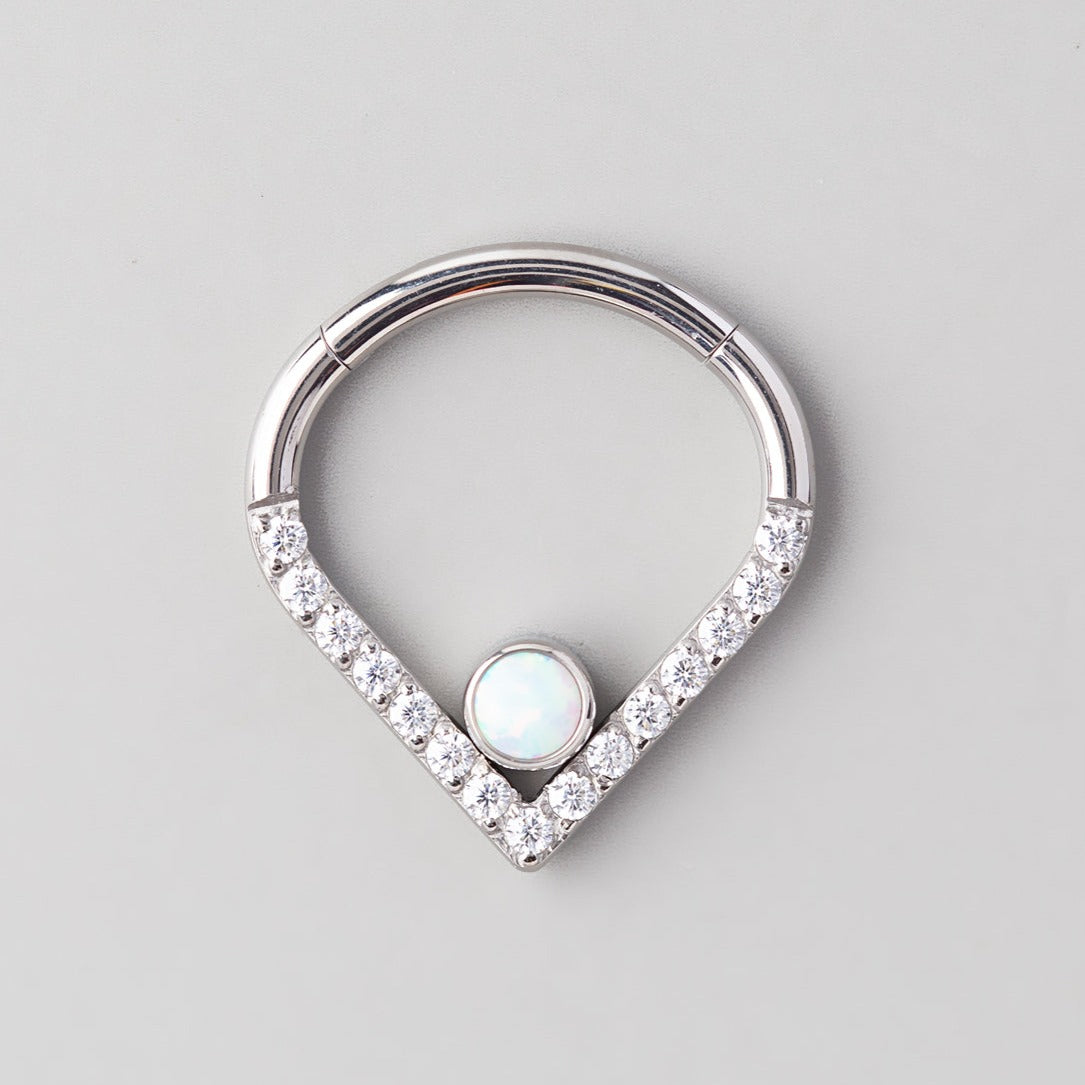 Hinged Segment Ring Heart Shape CZ White Opal Gem in Silver - Titanium - Camden Body Jewellery