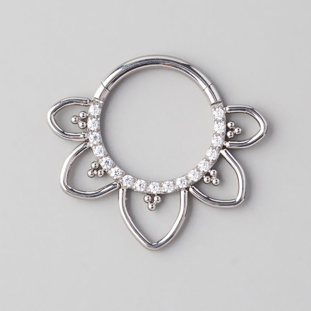Hinged Segment Ring Floral CZ Paved Face in Silver - Titanium - Camden Body Jewellery