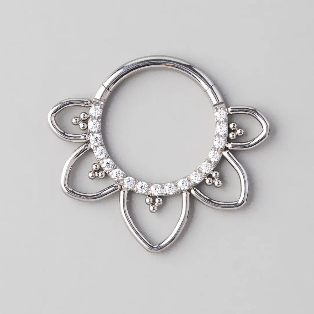 Hinged Segment Ring Floral CZ Paved Face in Silver - Titanium