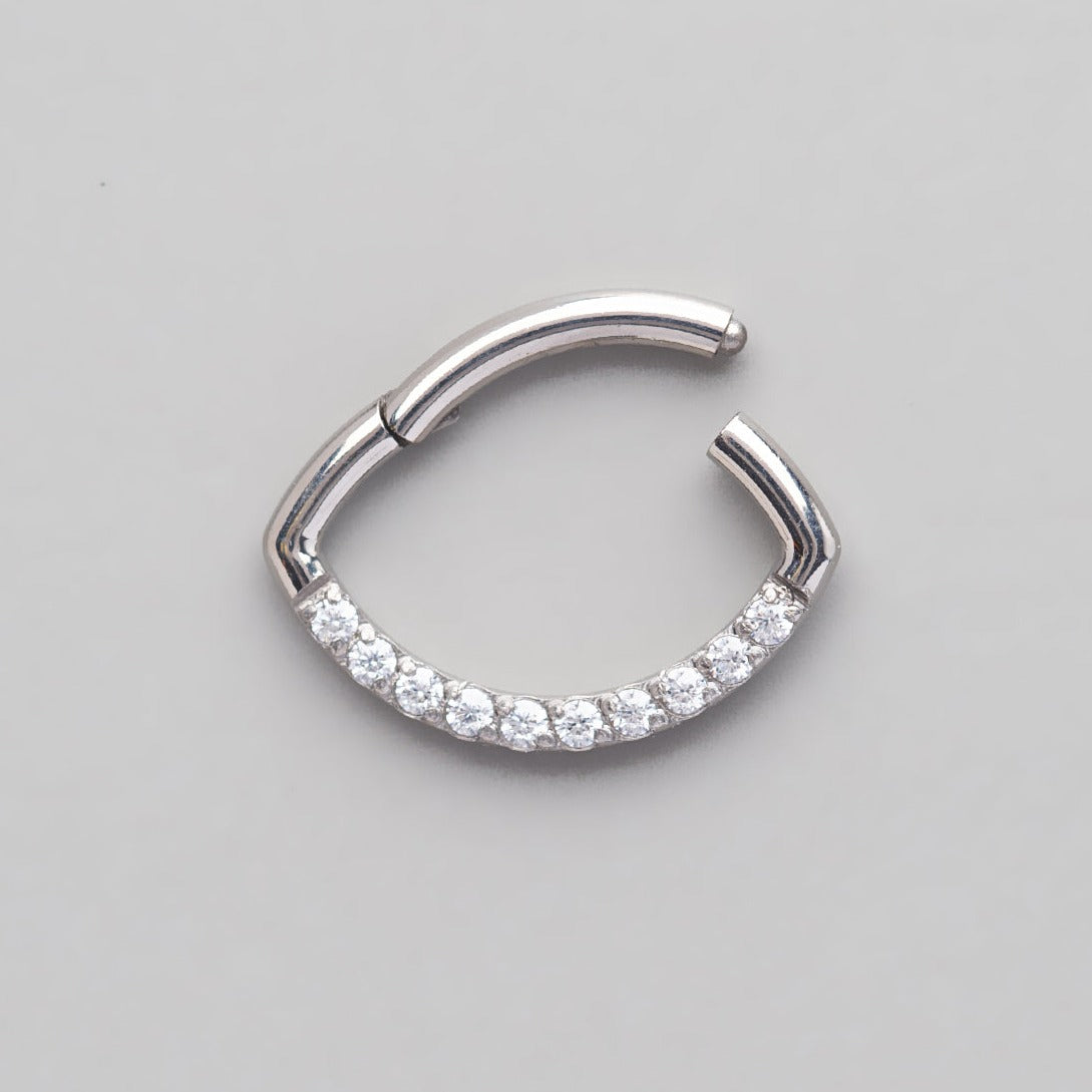 Hinged Segment Ring Front Face CZ Oval Shape in Silver - Titanium - Camden Body Jewellery