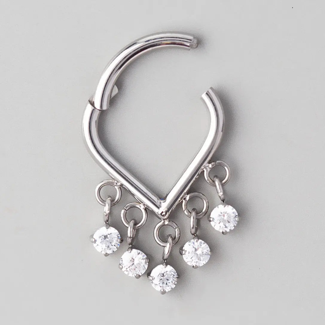 Hinged Segment Ring Chevron With 5 CZ Dangle - Titanium - Camden Body Jewellery