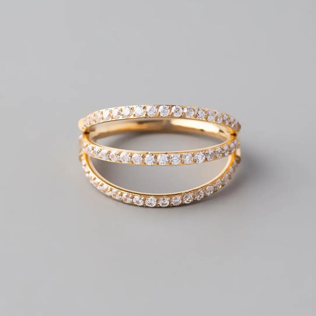 Hinged Segment Ring Triple Stack CZ Faced in Gold - Titanium - Camden Body Jewellery