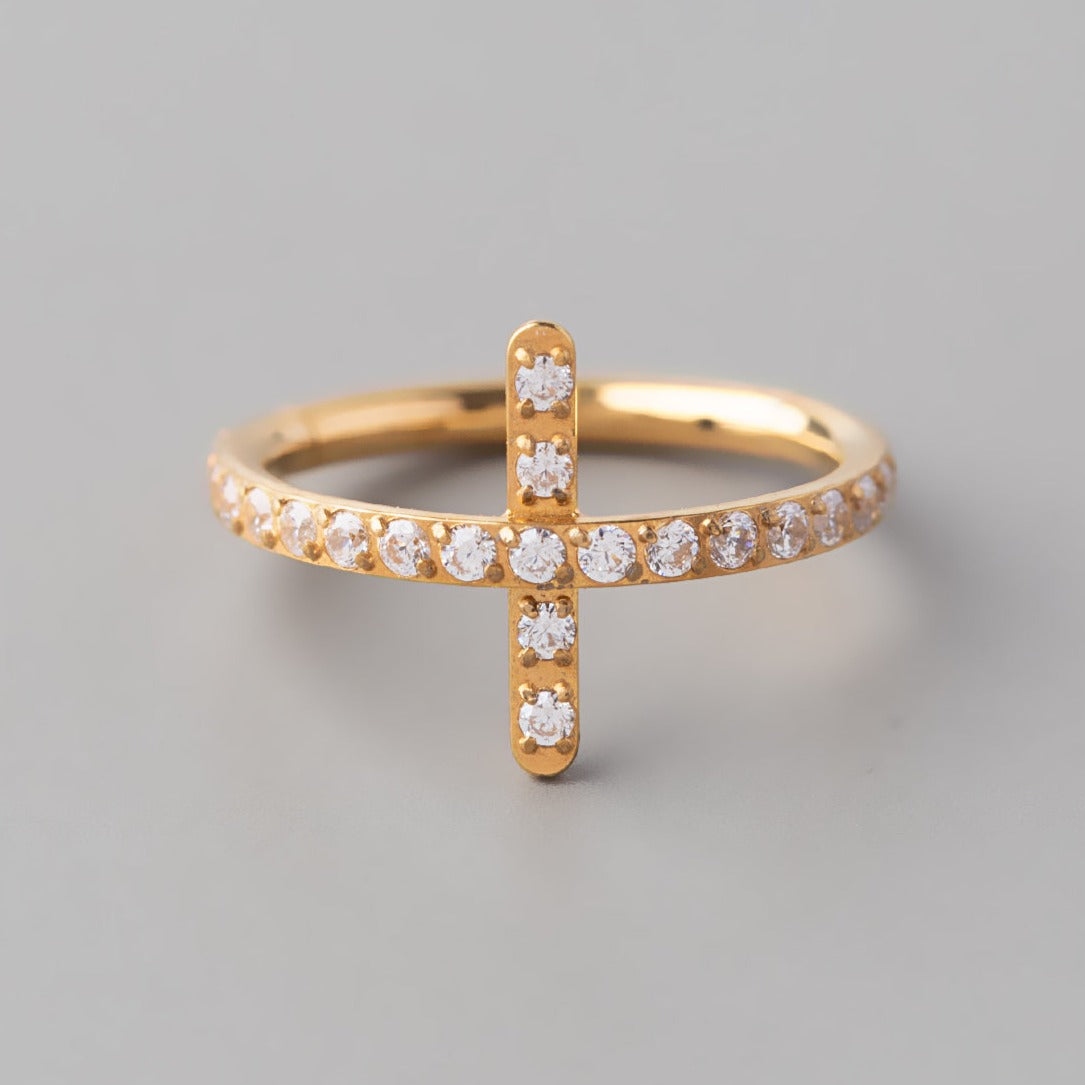 Hinged Segment Ring CZ Pave Side Cross in Gold - Titanium - Camden Body Jewellery