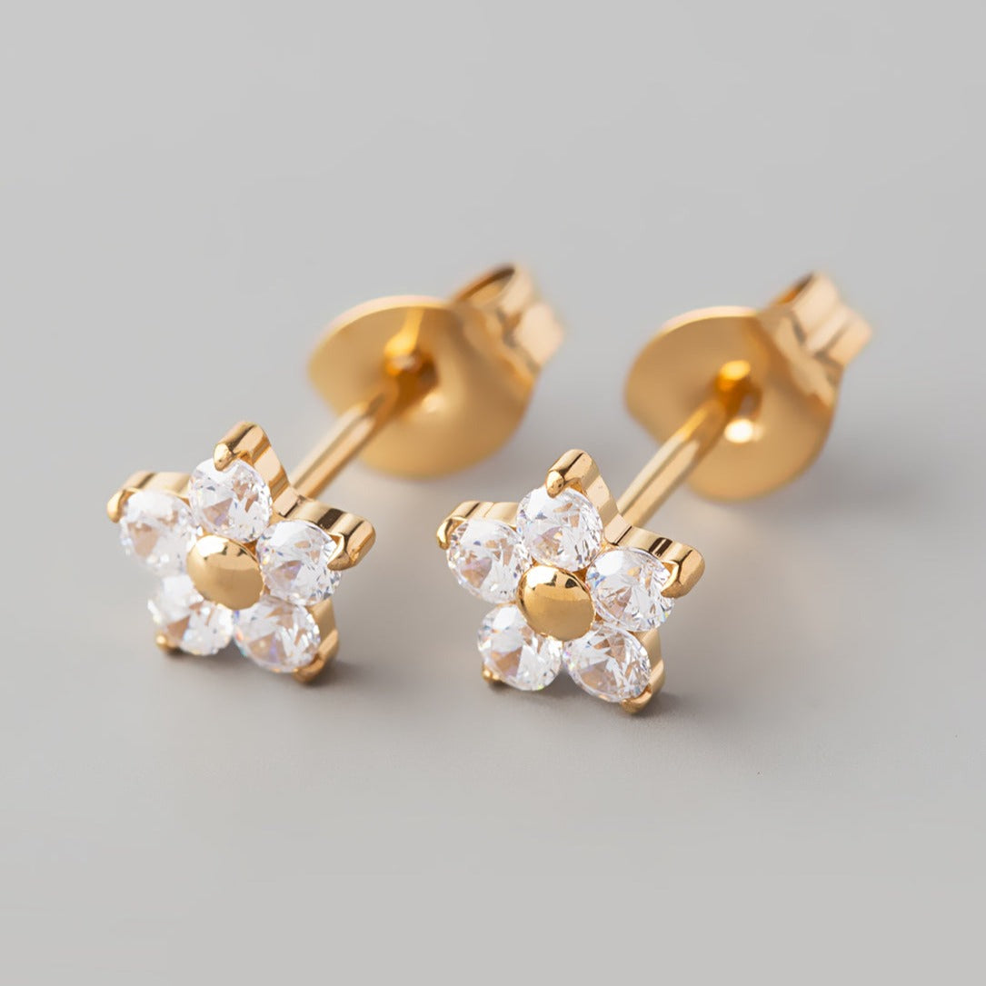 Flower Clear CZ Stud Earrings in Gold - Titanium - Camden Body Jewellery