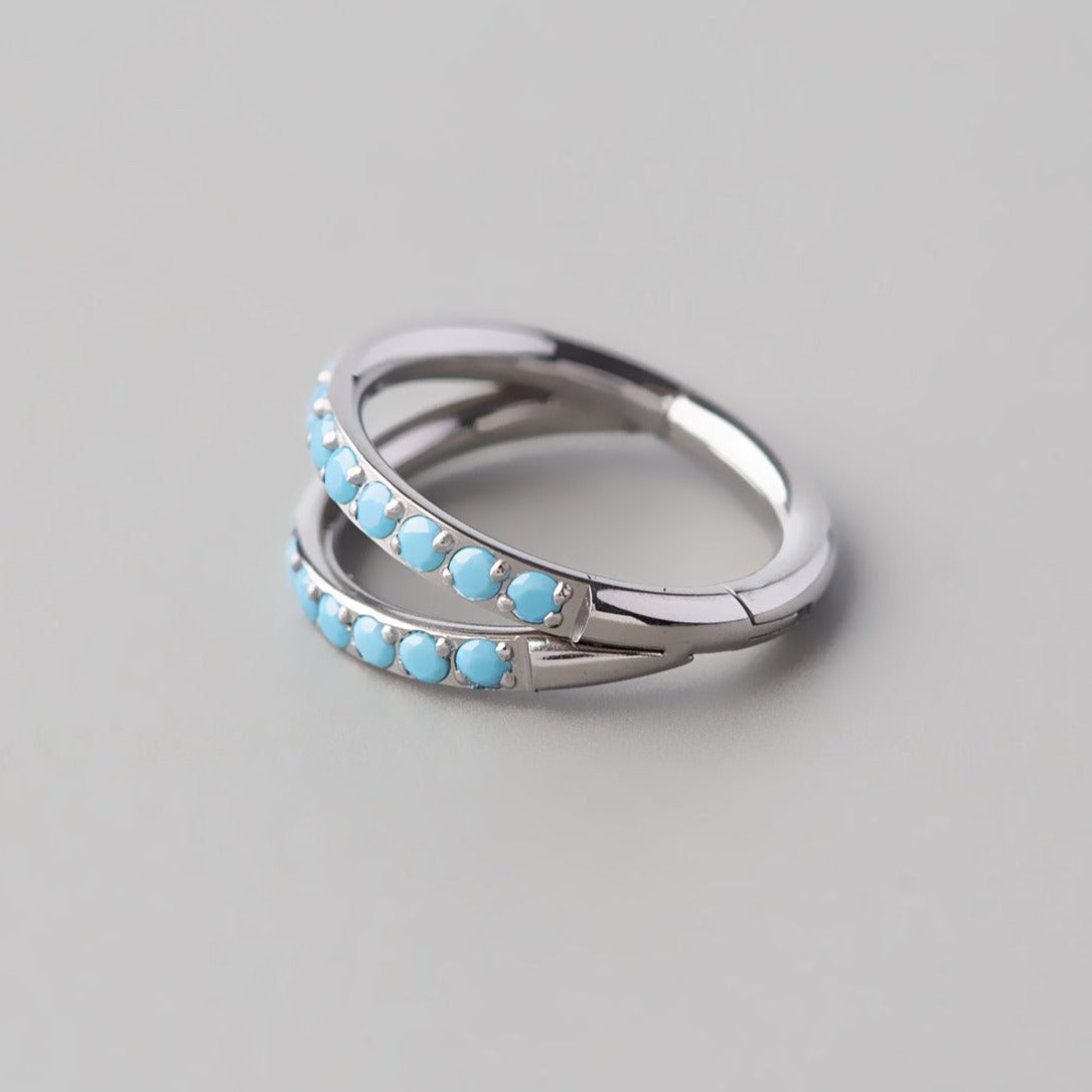 Hinged Segment Ring Double Stack Line with Turquoise - Titanium - Camden Body Jewellery