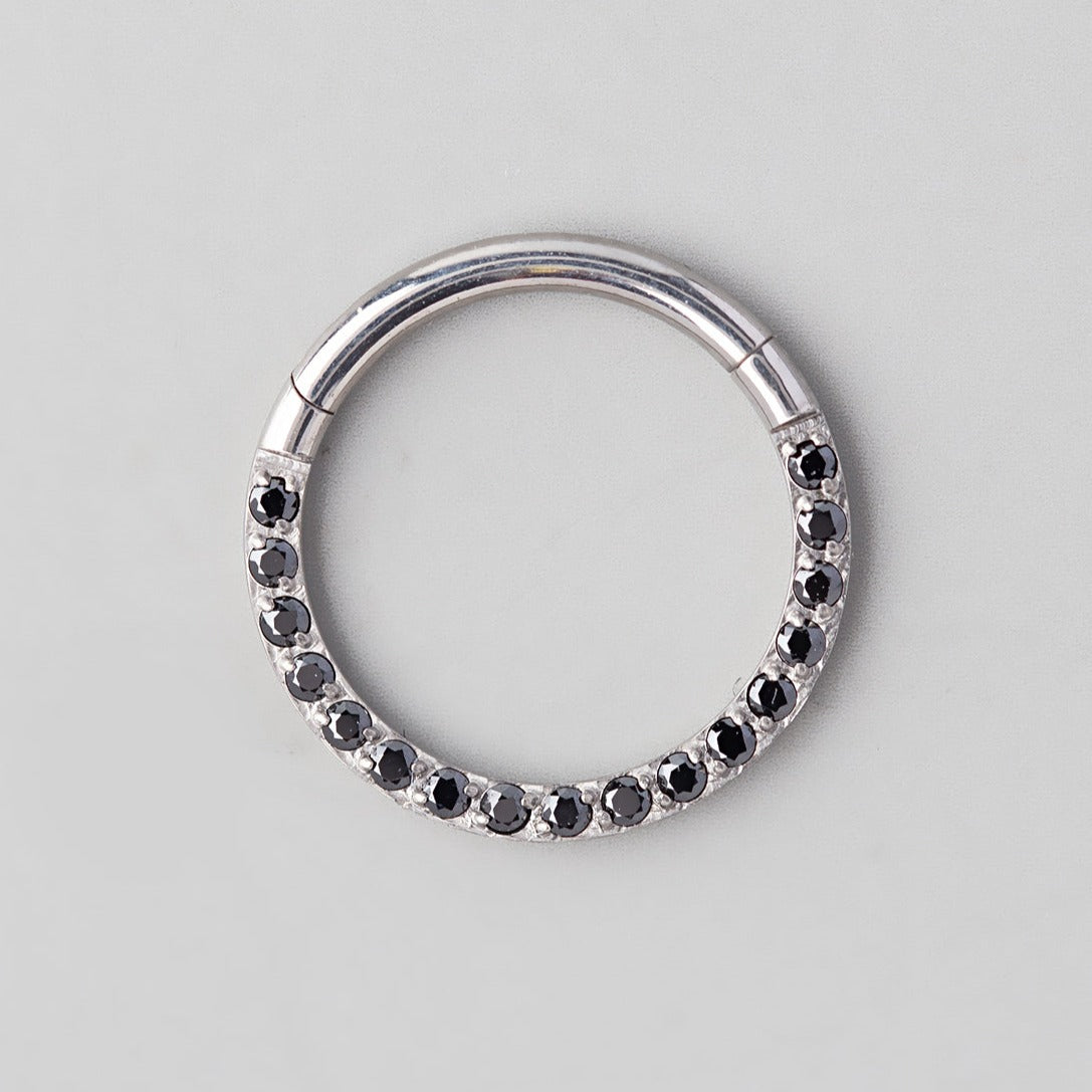 Hinged Segment Ring Front Face Black CZ n Silver - Titanium - Camden Body Jewellery