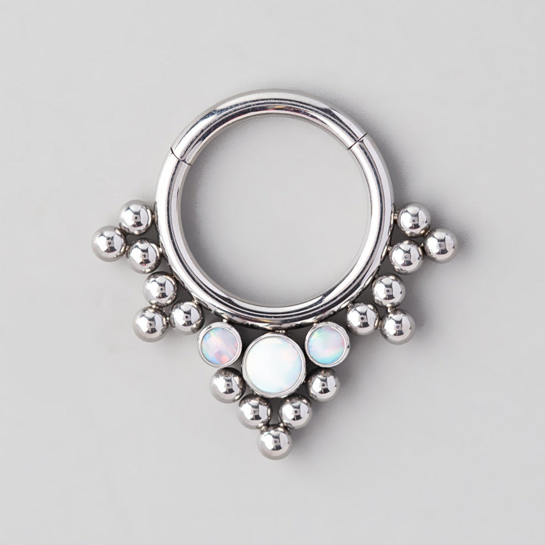 Hinged Segment Ring 5 Tri-Bead Cluster Triple White Opal Stone - Titanium - Camden Body Jewellery