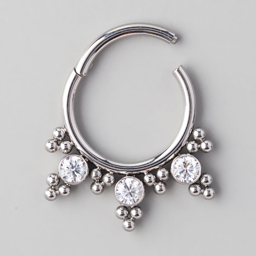 Hinged Segment Ring Balls Blaze Triple Clear Gems in Silver - Titanium - Camden Body Jewellery