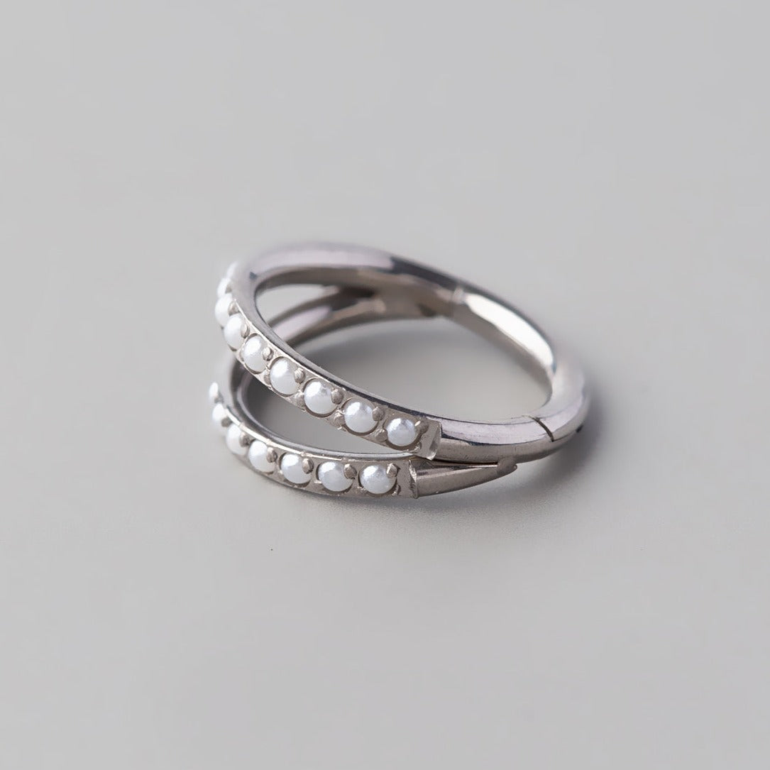 Hinged Segment Ring Double Stack Lined Pearl - Titanium - Camden Body Jewellery