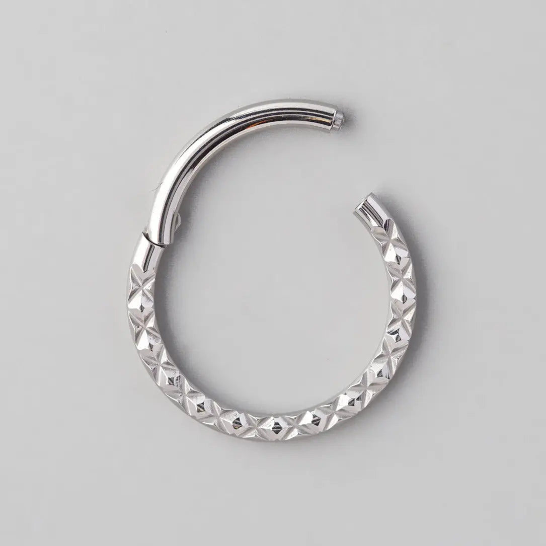 Hinged Segment Ring Front Face X Cut in Silver - Titanium - Camden Body Jewellery