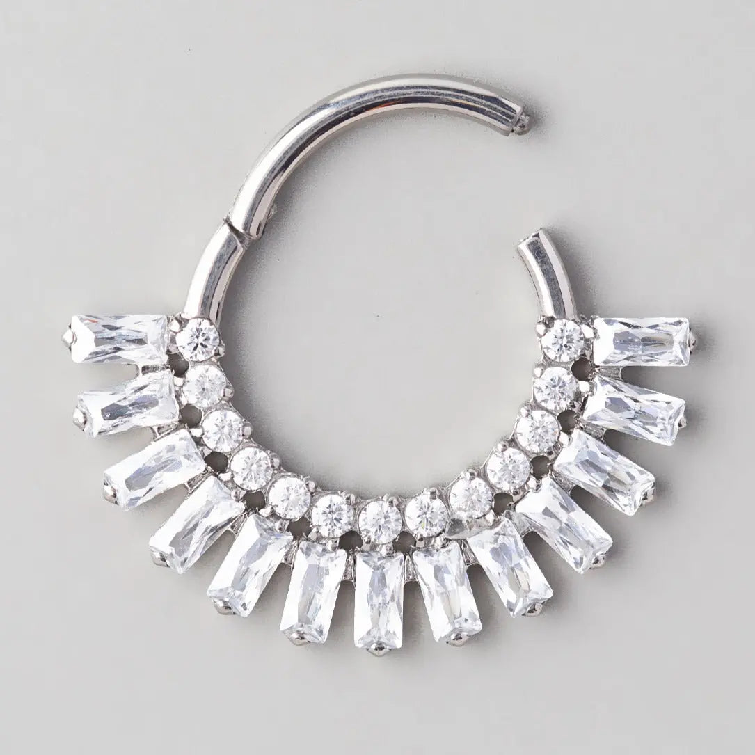 Hinged Segment Ring Round End Baguette CZ Fan in Silver - Titanium - Camden Body Jewellery