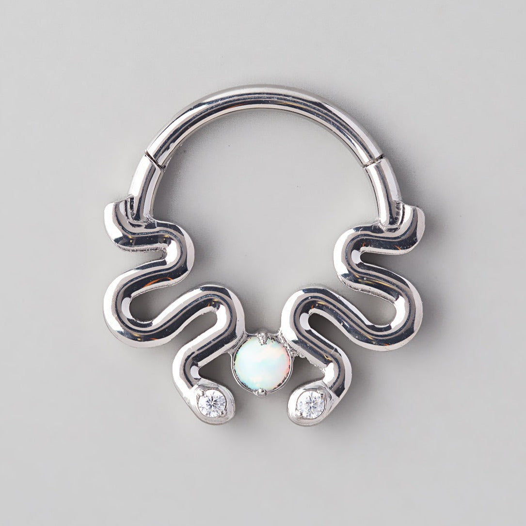 Hinged Segment Ring Double Snake White Opal Gem Centre - Titanium - Camden Body Jewellery