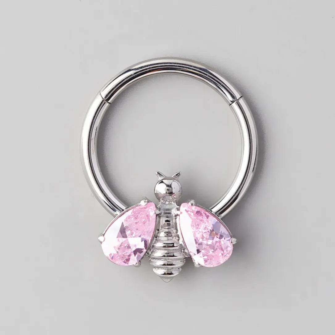 Hinged Segment Ring Bee CZ Wings in Pink Gem - Titanium - Camden Body Jewellery