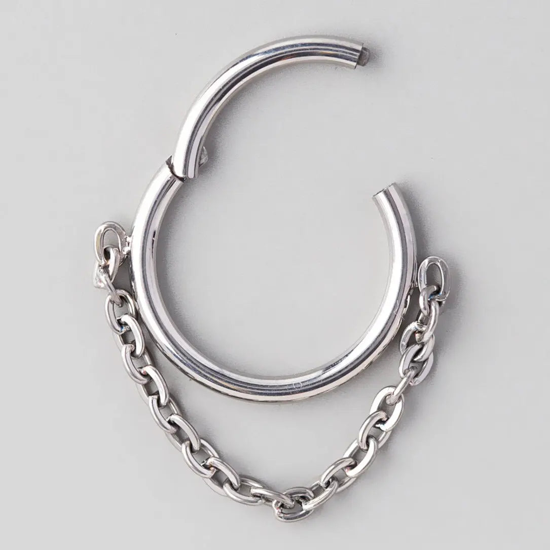 Hinged Segment Ring Front With Chain Dangle in Silver - Titanium - Camden Body Jewellery