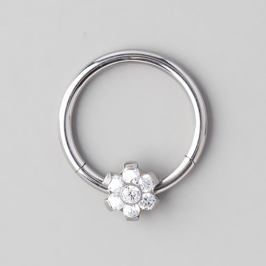 Hinged Segment Ring 6 CZ Flower in Silver  - Titanium - Camden Body Jewellery