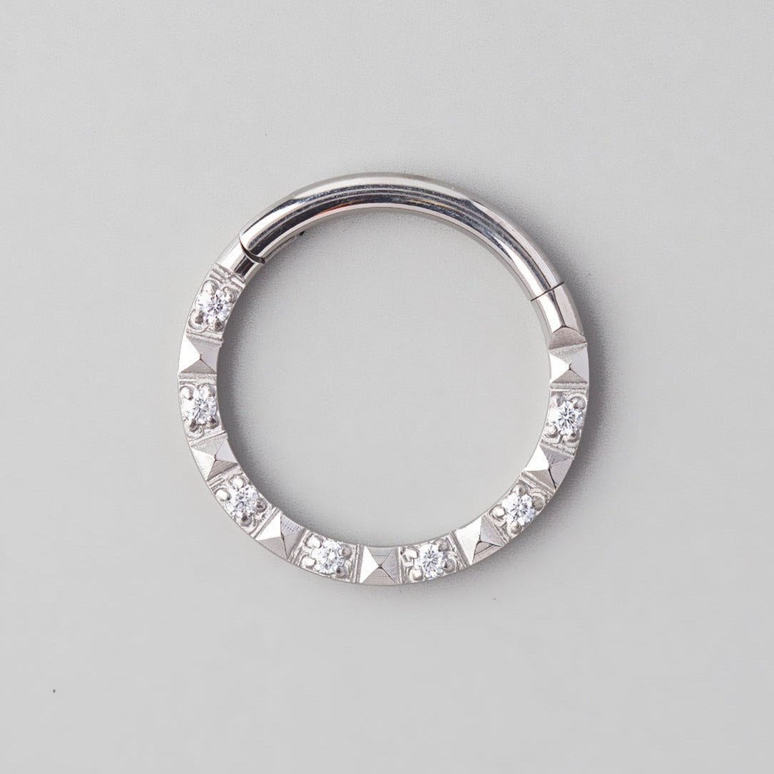 Hinged Segment Ring Front Face CZ Square Cut in Silver - Titanium - Camden Body Jewellery