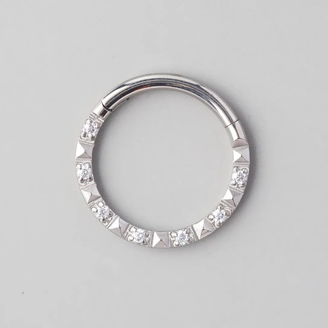 Hinged Segment Ring Front Face CZ Square Cut in Silver - Titanium - Camden Body Jewellery