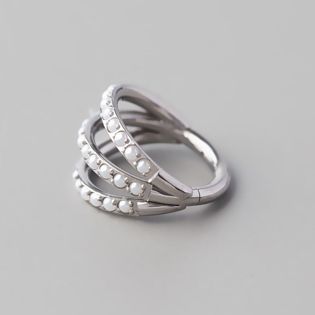 Hinged Segment Ring Triple Lined Pearl - Titanium - Camden Body Jewellery