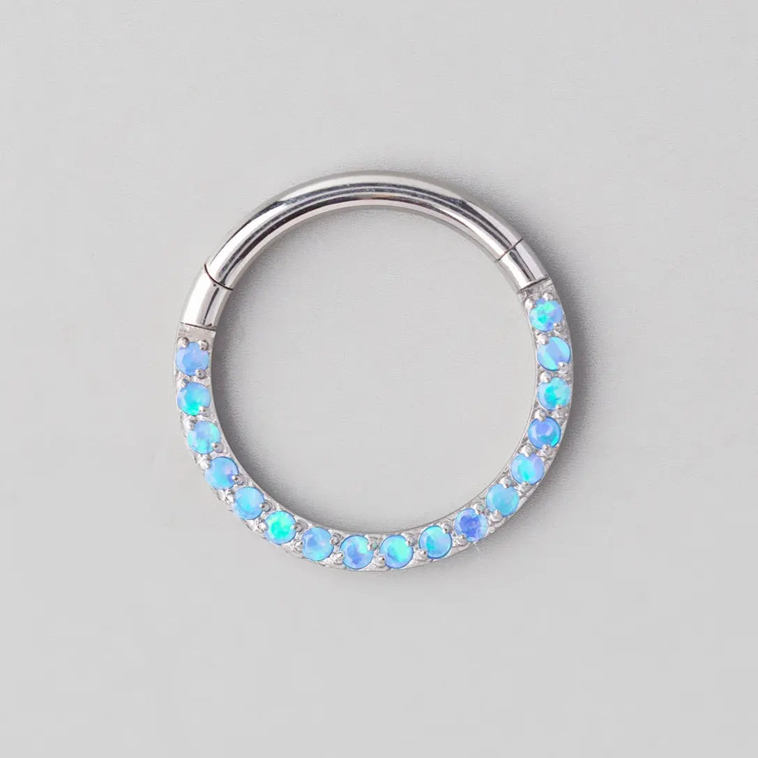 Hinged Segment Ring Front Face CZ in Blue Opal - Titanium - Camden Body Jewellery