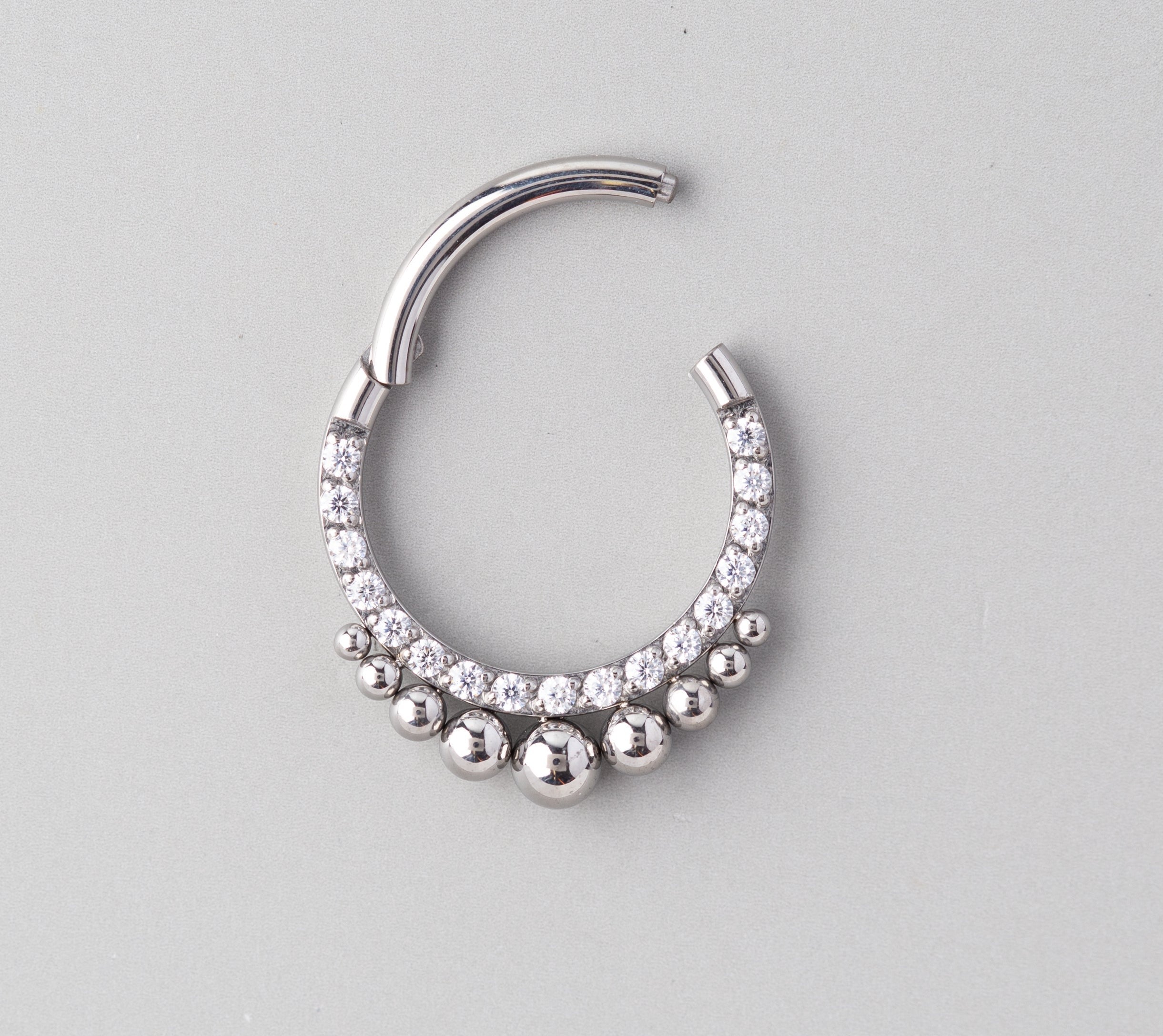 Hinged Segment Ring Front Face CZ with Asia Balls in Silver - Titanium - Camden Body Jewellery