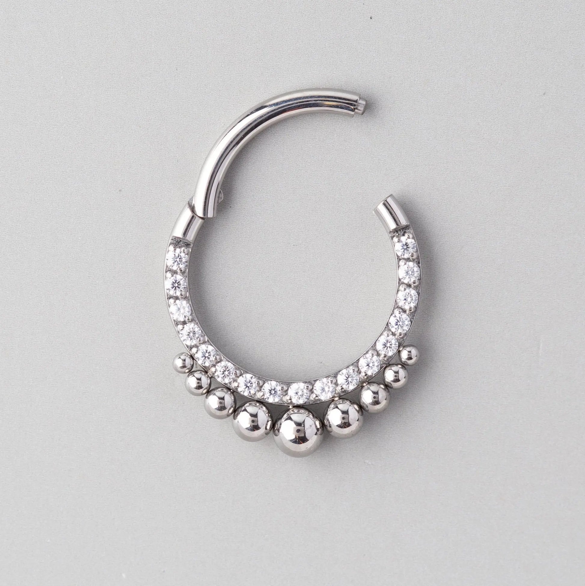 Hinged Segment Ring Front Face CZ with Asia Balls in Silver - Titanium - Camden Body Jewellery