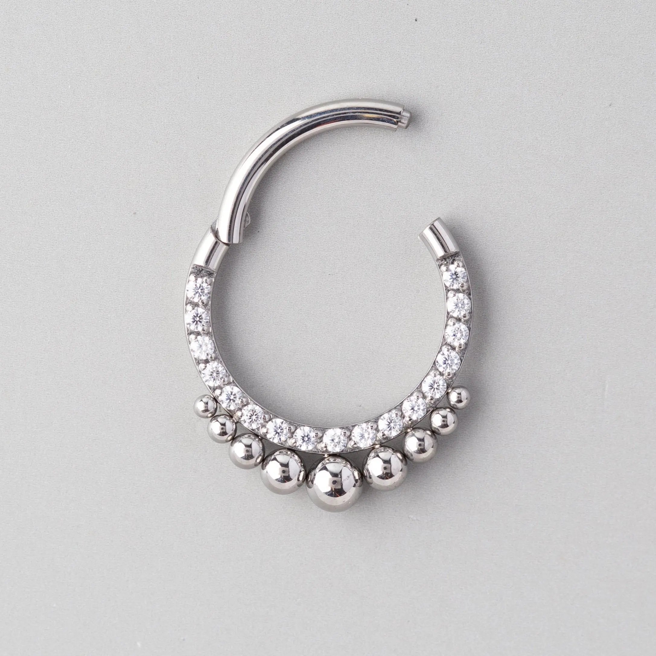 Hinged Segment Ring Front Face CZ with Asia Balls in Silver - Titanium - Camden Body Jewellery