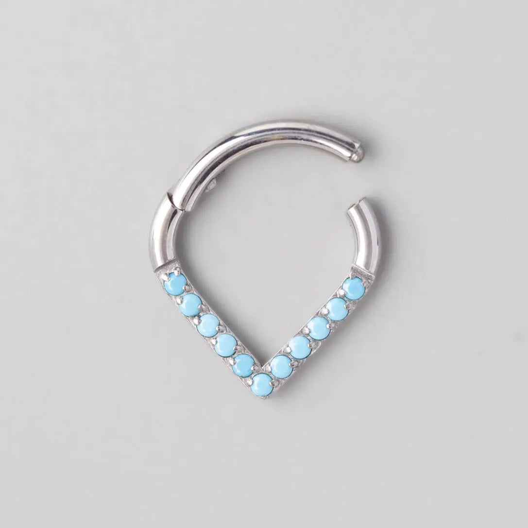 Hinged Segment Ring Paved Front Face Chevron in Turquoise - Titanium - Camden Body Jewellery
