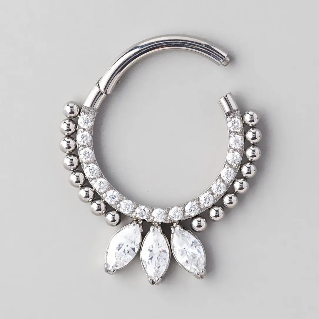 Hinged Segment Ring CZ Paved Triple Marquise & Beads in Silver - Titanium - Camden Body Jewellery