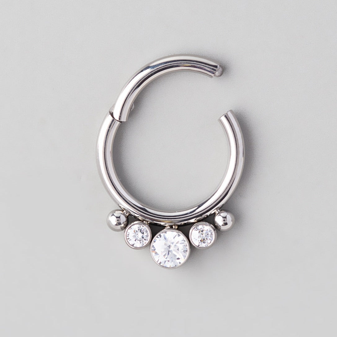 Hinged Segment Ring 3 CZ Gems with 2 Beads - Titanium - Camden Body Jewellery