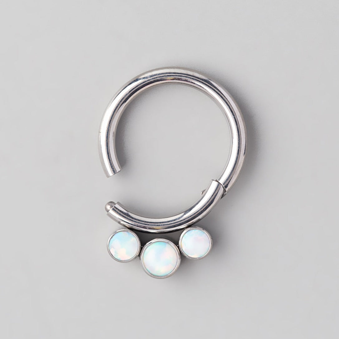 Hinged Segment Ring with Triple White Opal Jewels - Titanium - Camden Body Jewellery