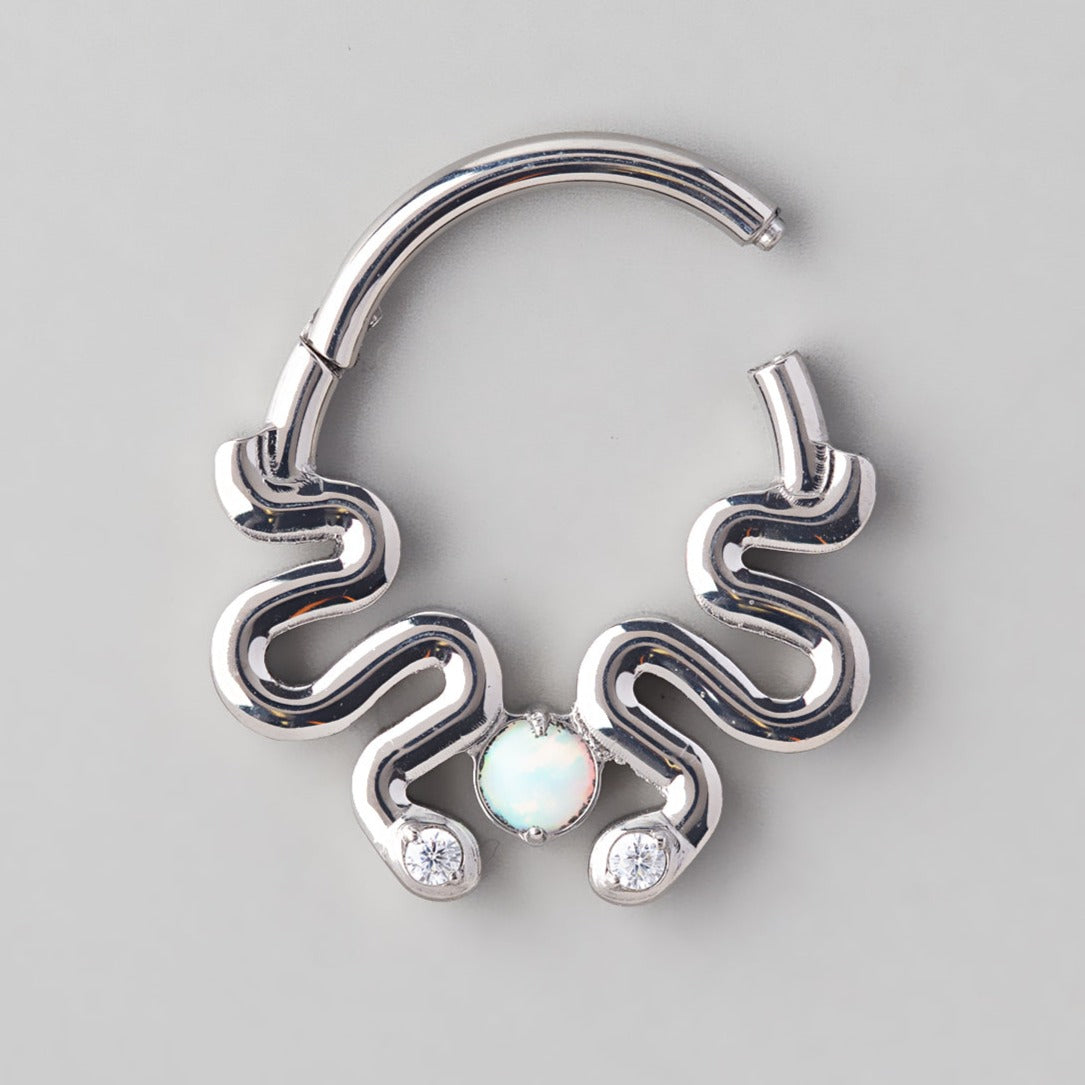 Hinged Segment Ring Double Snake White Opal Gem Centre - Titanium - Camden Body Jewellery