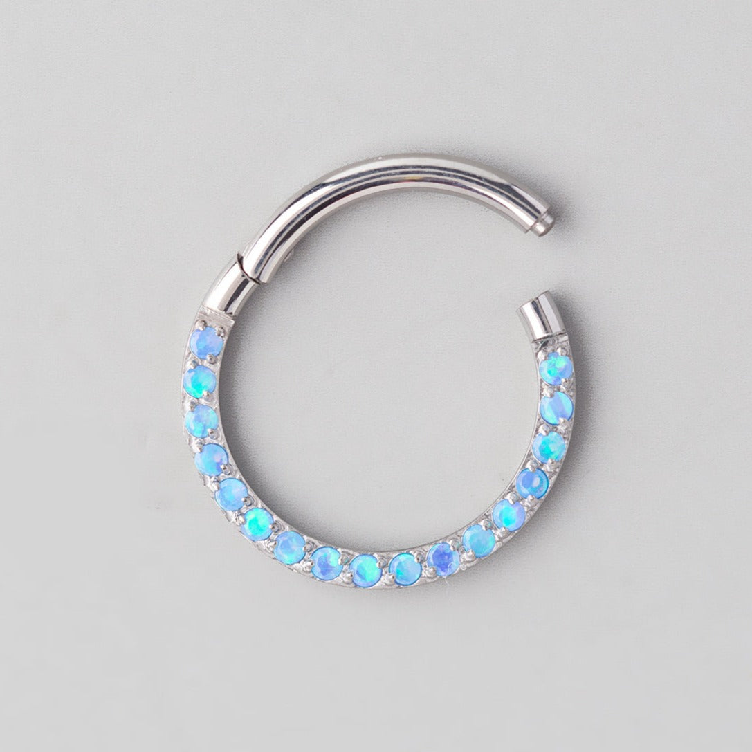 Hinged Segment Ring Front Face CZ in Blue Opal - Titanium - Camden Body Jewellery