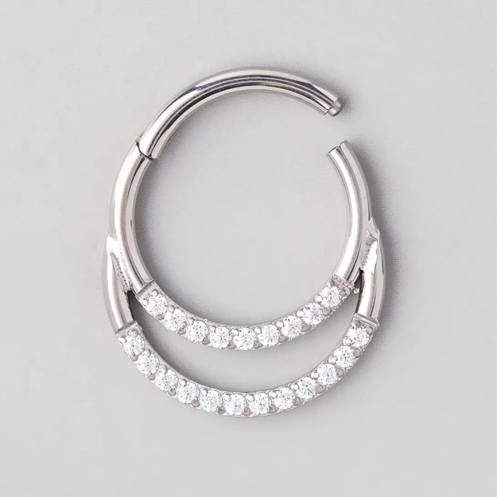 Hinged Segment Ring & Half Hoop Front CZ Face in Silver  - Titanium